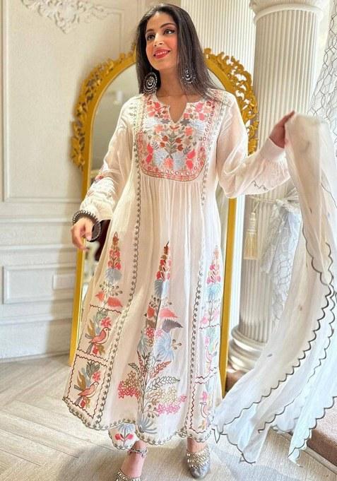 White Embroidery Georgette Kurta Set