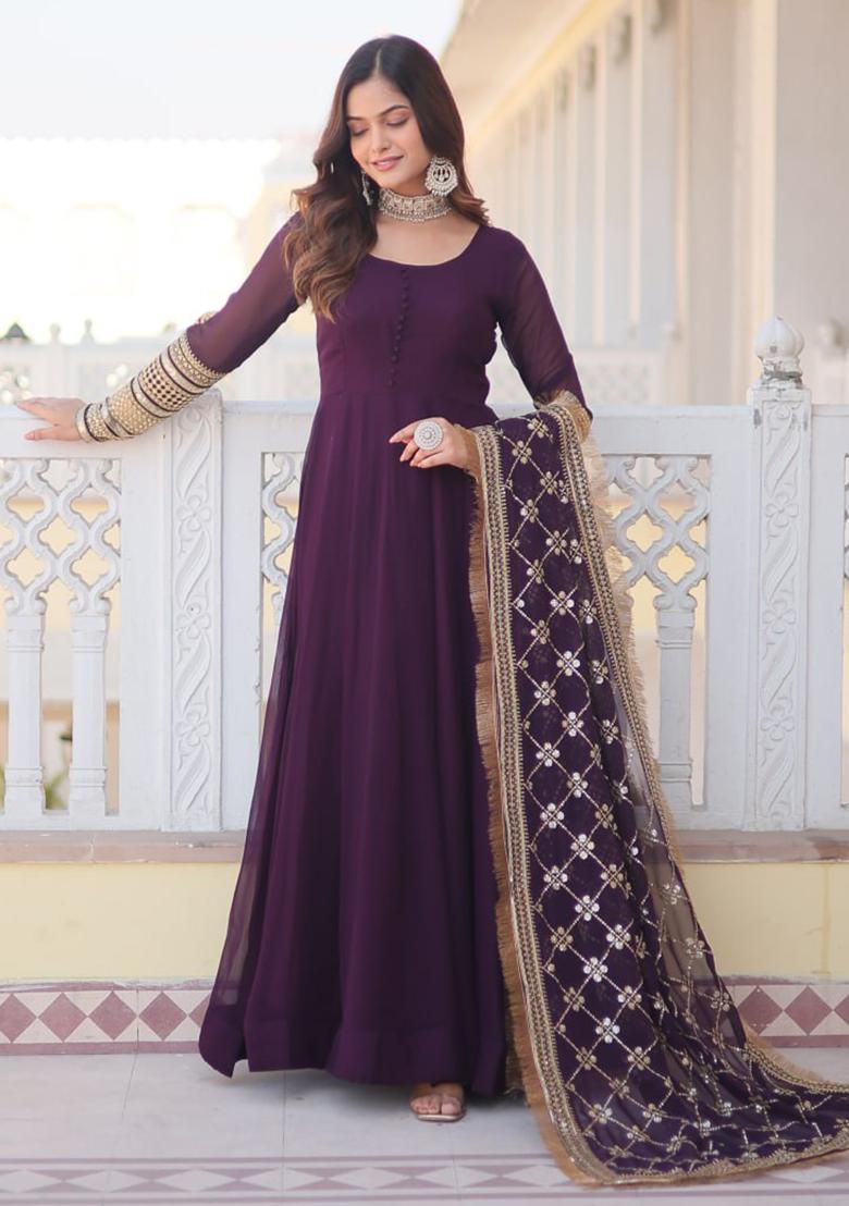 Wine Embroidery Georgette Kurta Set - Indya