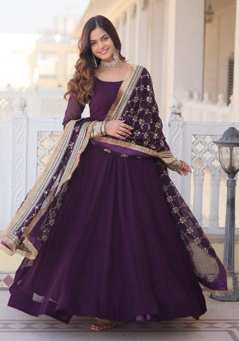 Wine Embroidery Georgette Kurta Set