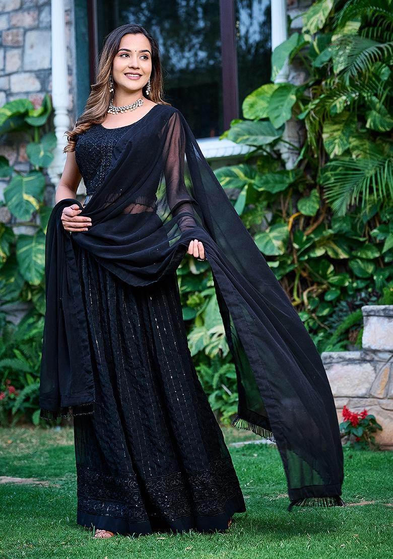 Black Embroidery Georgette Kurta Set - Indya