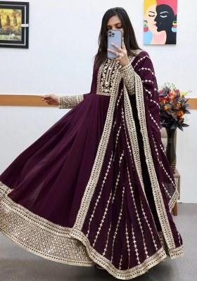 Wine Embroidery Georgette Kurta Set