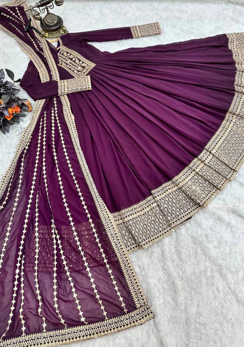 Wine Embroidery Georgette Kurta Set - Indya