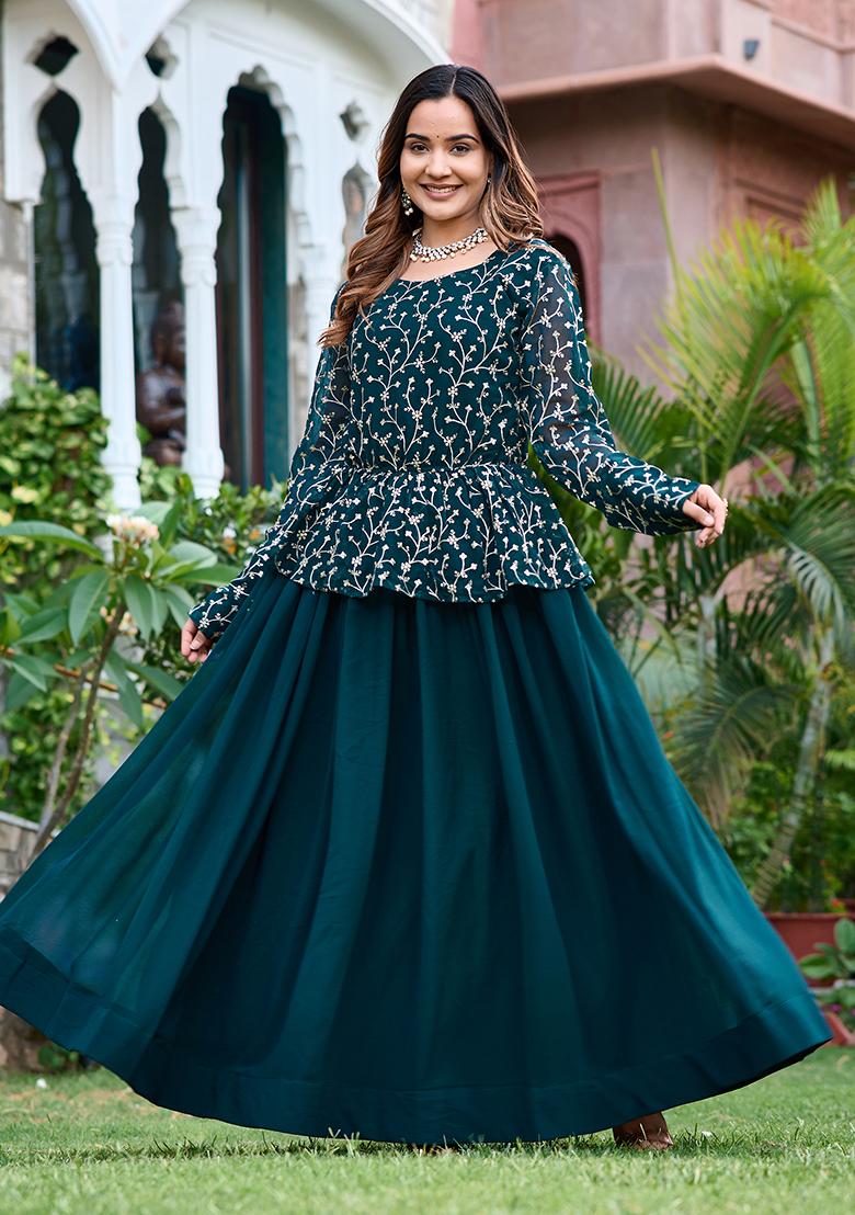 Green Embroidery Georgette Kurta Set - Indya