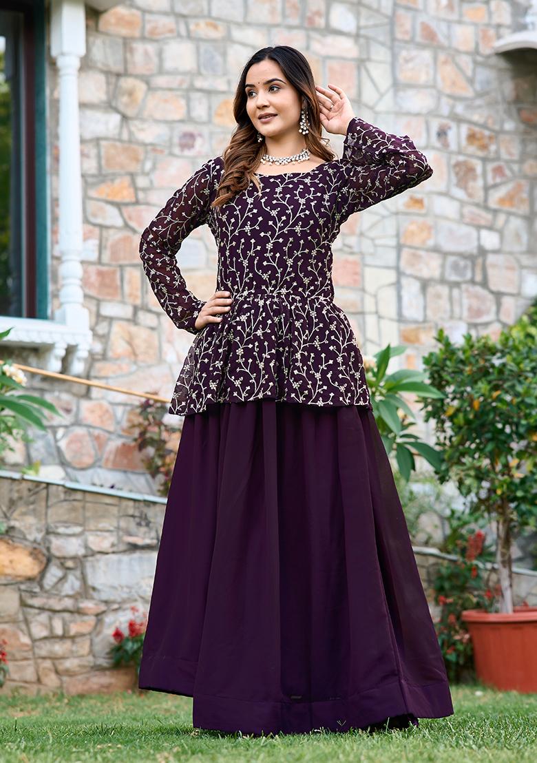 Wine Embroidery Georgette Kurta Set - Indya