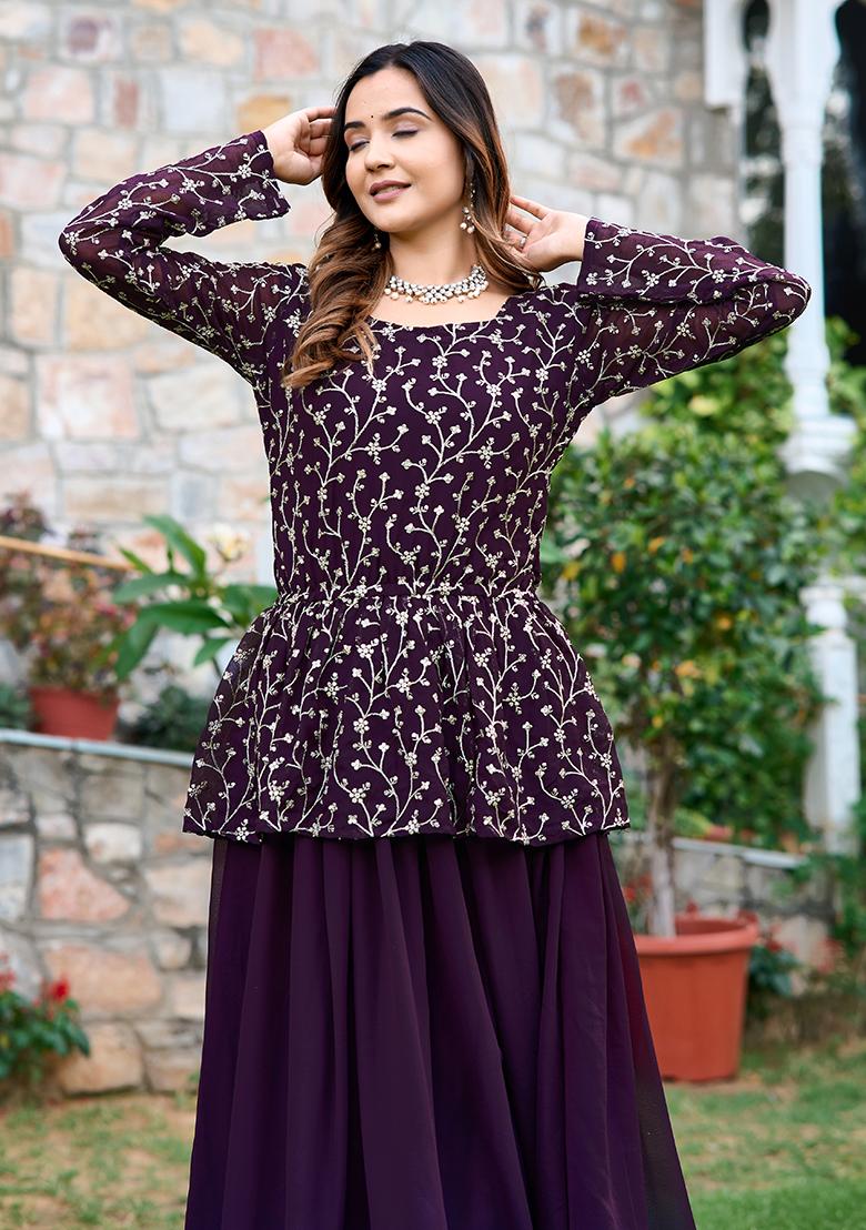 Wine Embroidery Georgette Kurta Set - Indya
