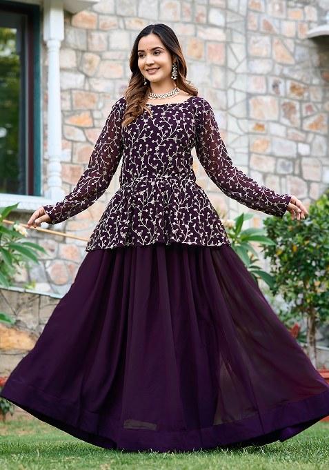Wine Embroidery Georgette Kurta Set