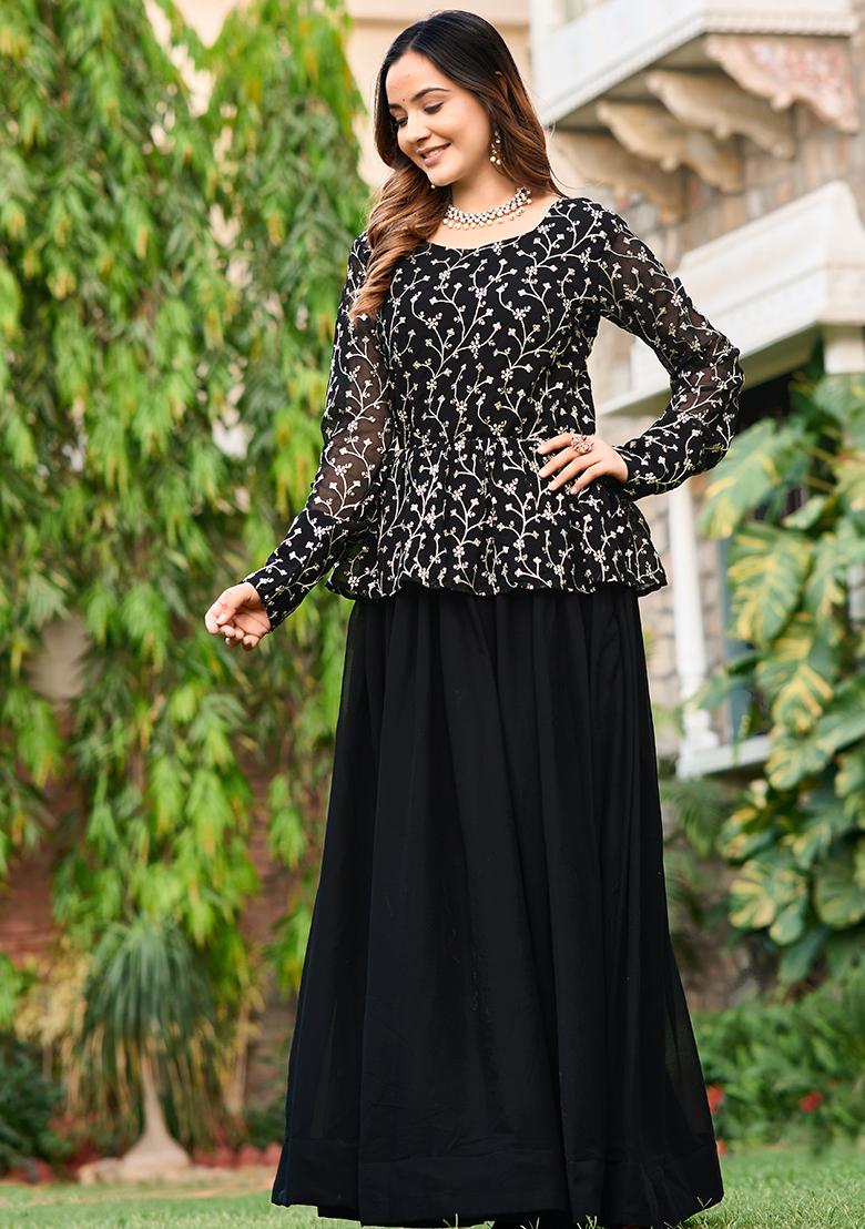 Black Embroidery Georgette Kurta Set - Indya