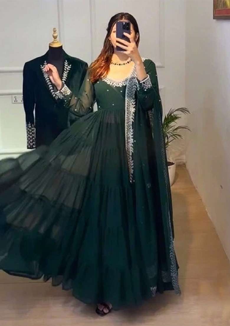 Green Embroidered Georgette Anarkali Set - Indya