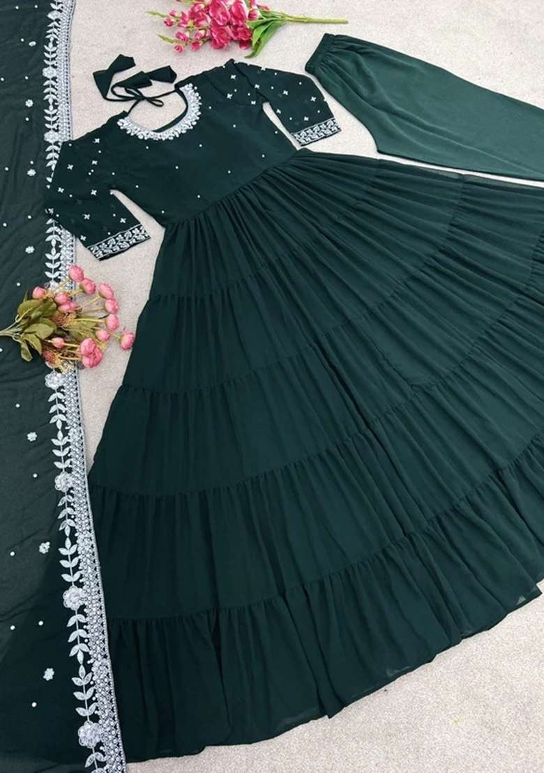Green Embroidered Georgette Anarkali Set - Indya