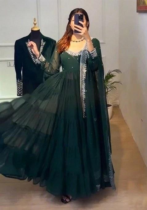 Green Embroidery Georgette Kurta Set