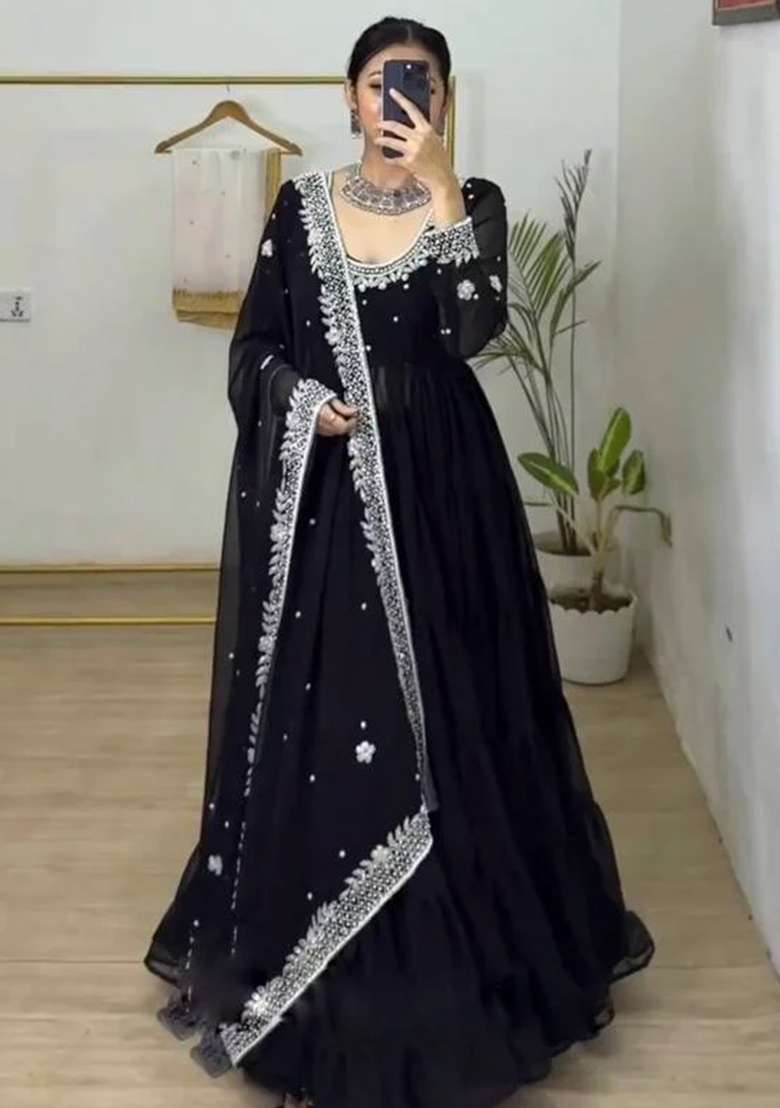Black Embroidered Georgette Anarkali Set - Indya