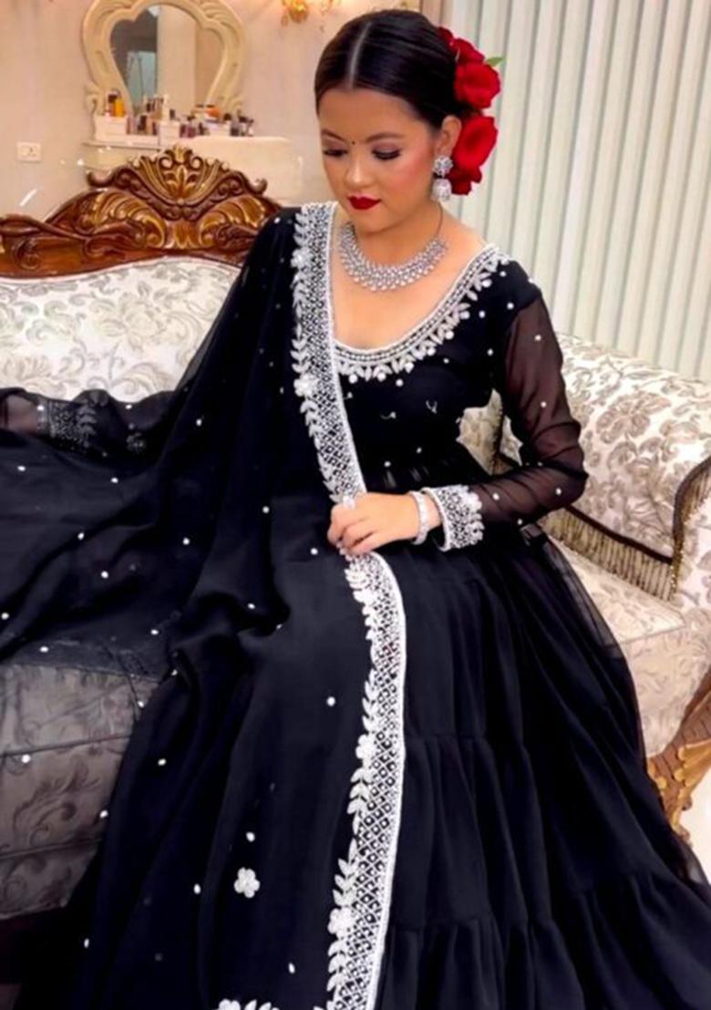 Black Embroidery Georgette Kurta Set - Indya