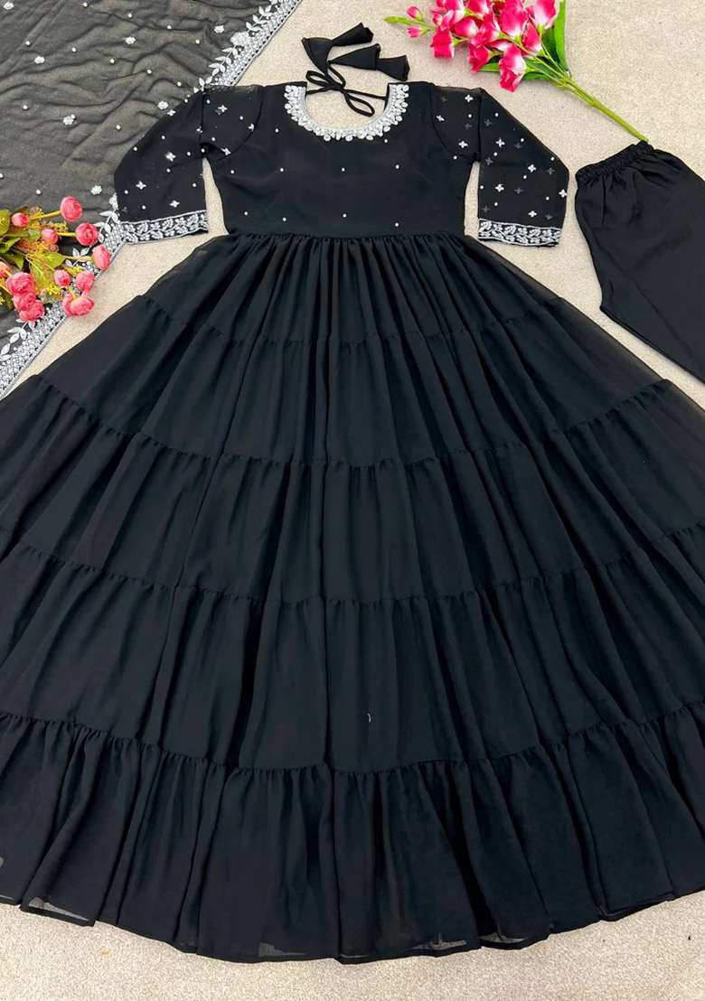 Black Embroidered Georgette Anarkali Set - Indya