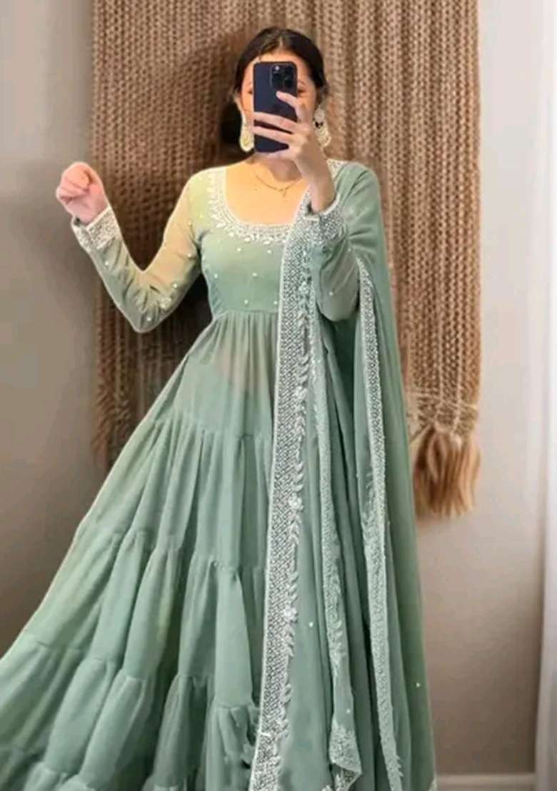 Mint Green Embroidered Georgette Anarkali Set - Indya