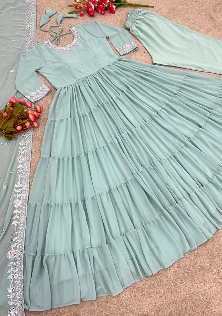 Mint Green Embroidered Georgette Anarkali Set - Indya