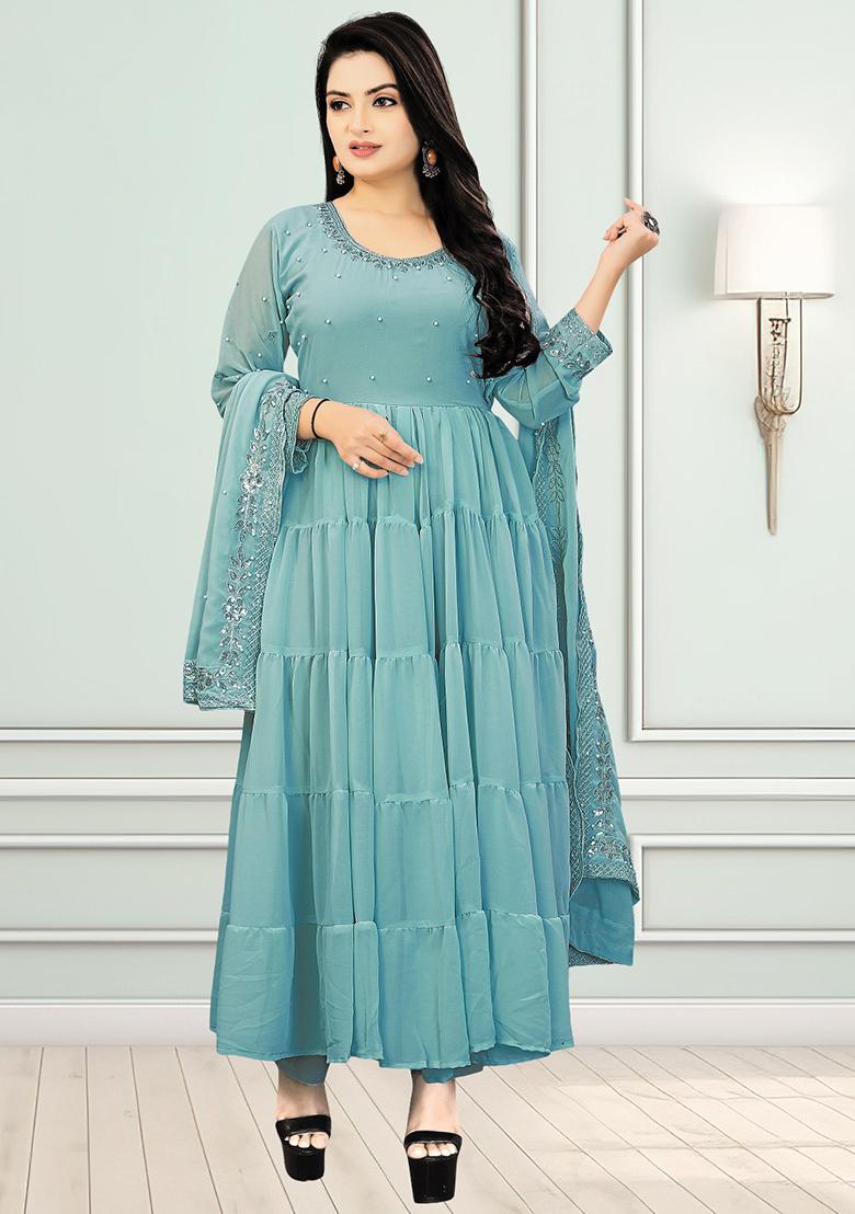 Grey Embroidery Georgette Kurta Set - Indya