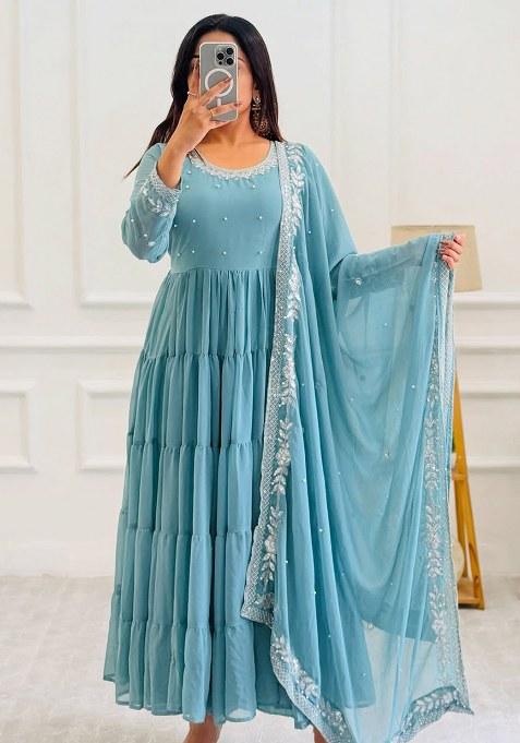 Grey Embroidery Georgette Kurta Set