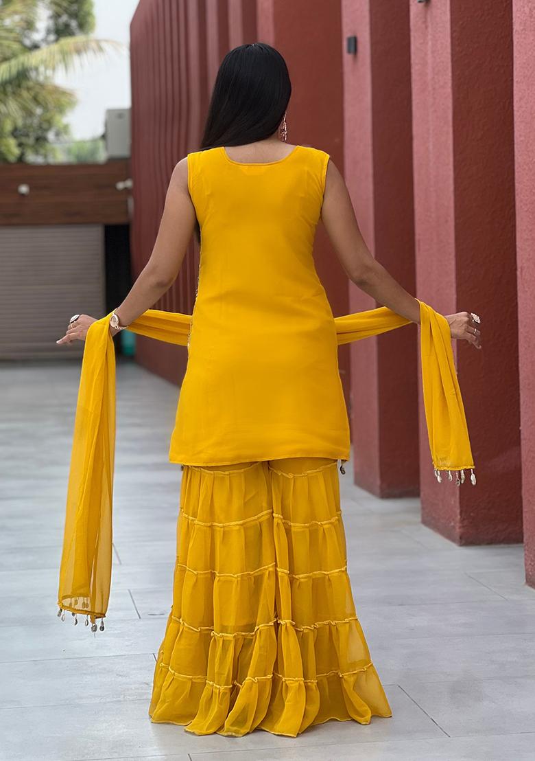 Yellow Embroidery Georgette Kurta Set - Indya