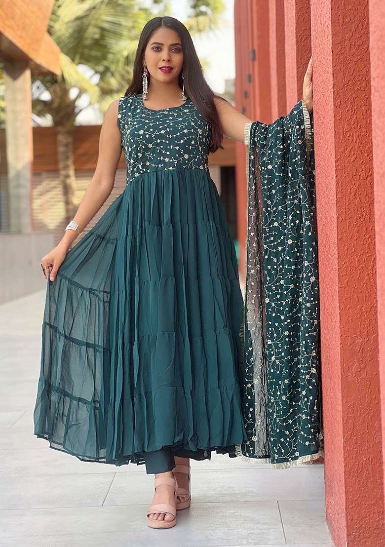 Green Embroidered Georgette Anarkali Set - Indya