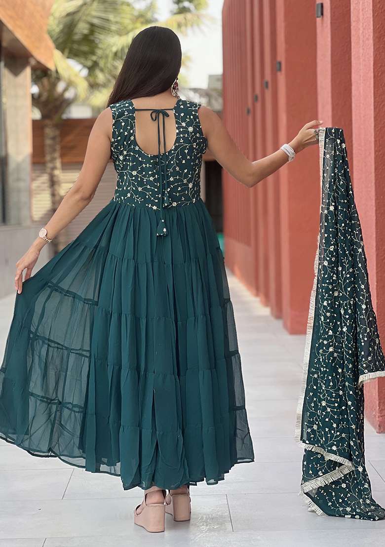Green Embroidered Georgette Anarkali Set - Indya