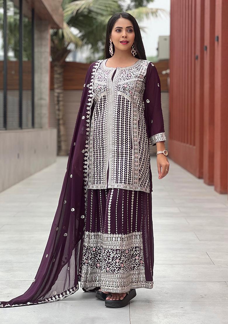 Wine Embroidery Georgette Kurta Set - Indya