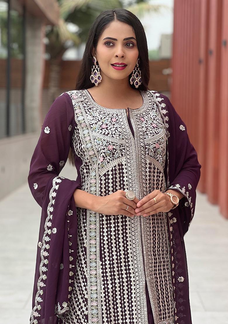 Wine Embroidery Georgette Kurta Set - Indya