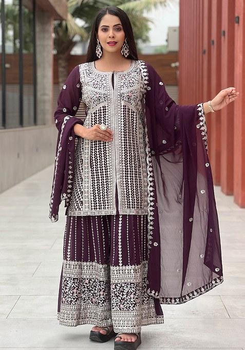 Wine Embroidery Georgette Kurta Set