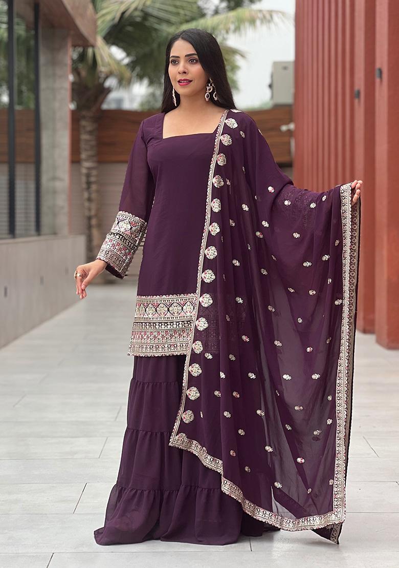 Wine Embroidery Georgette Kurta Set - Indya