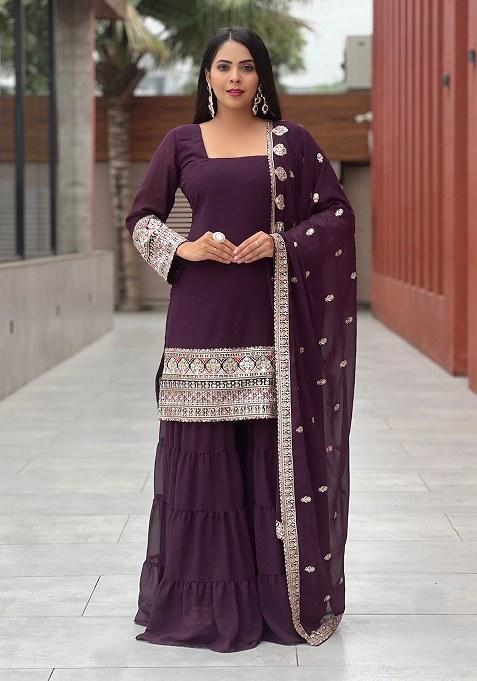 Wine Embroidery Georgette Kurta Set