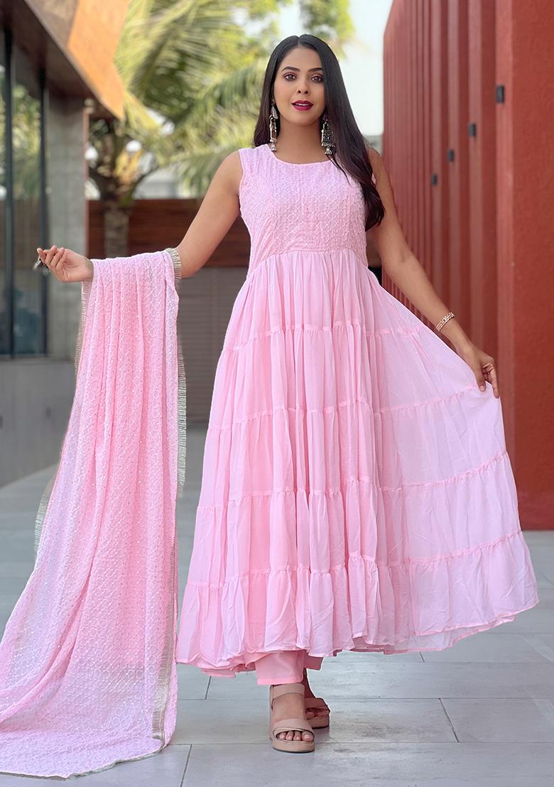 Pink Embroidery Georgette Kurta Set - Indya