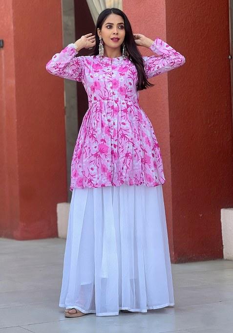 Pink Printed Georgette Kurta Set