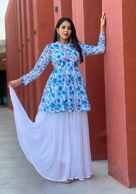 Blue Printed Georgette Kurta Set