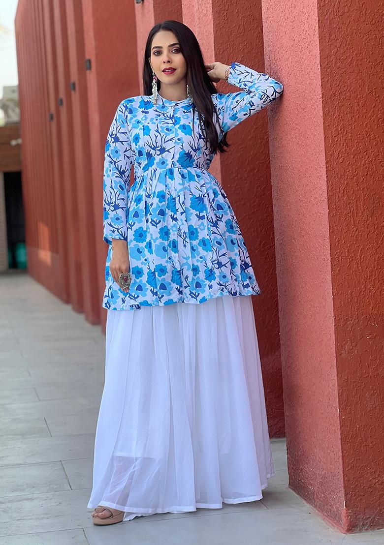 Blue Printed Georgette Kurta Set - Indya
