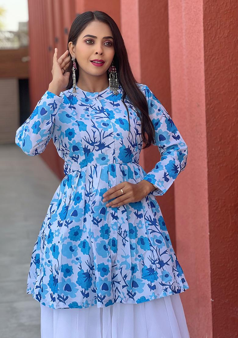 Blue Printed Georgette Kurta Set - Indya