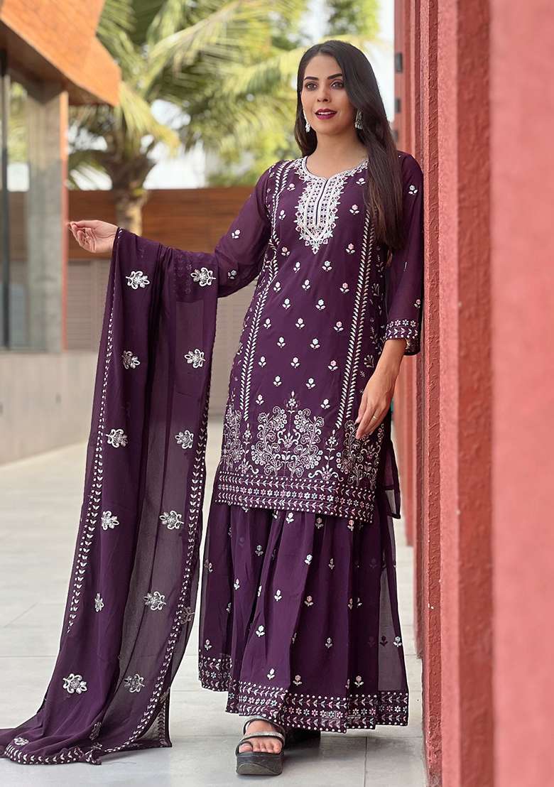 Wine Embroidery Georgette Kurta Set - Indya