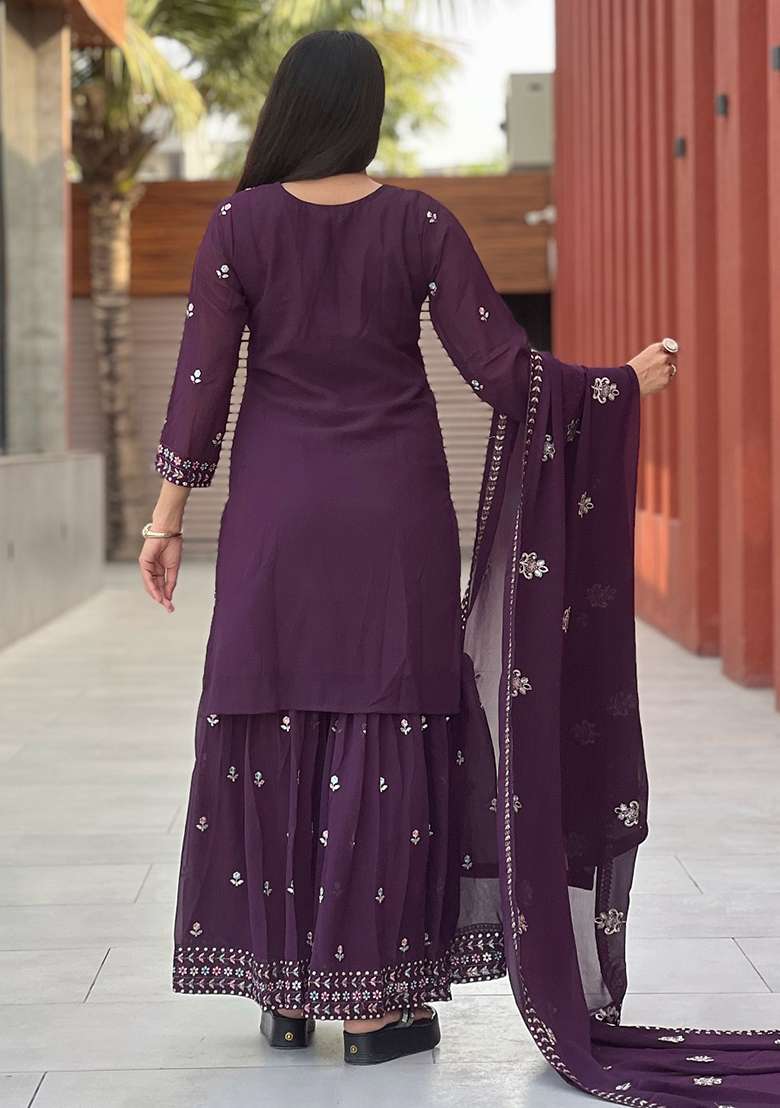 Wine Embroidery Georgette Kurta Set - Indya