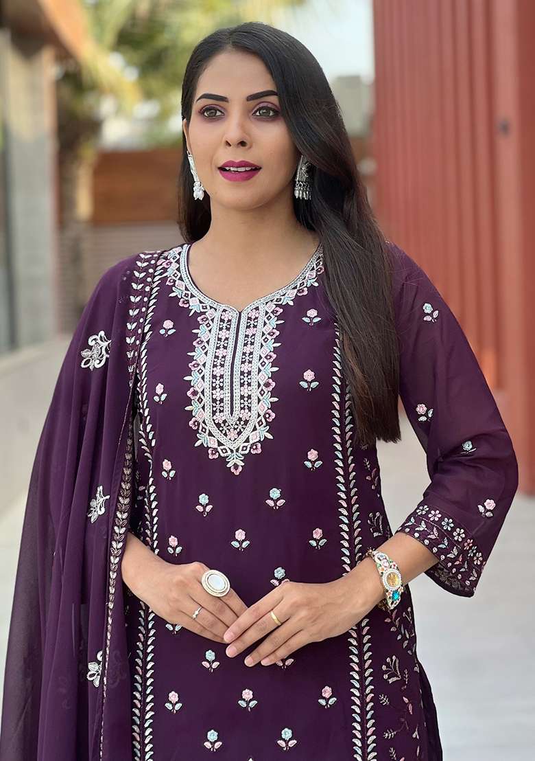 Wine Embroidery Georgette Kurta Set - Indya