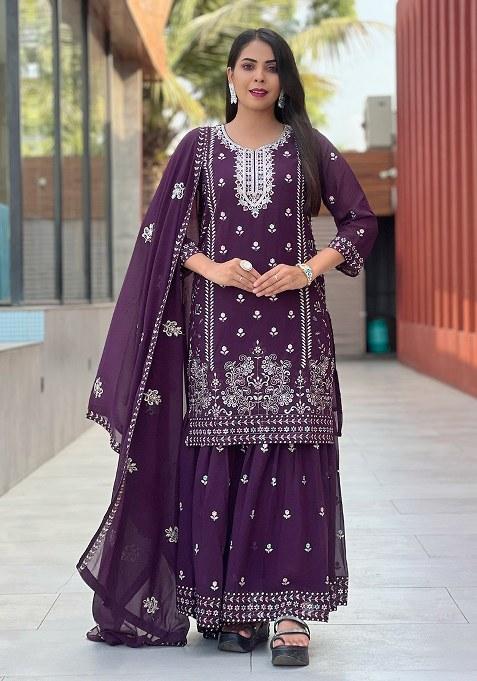 Wine Embroidery Georgette Kurta Set
