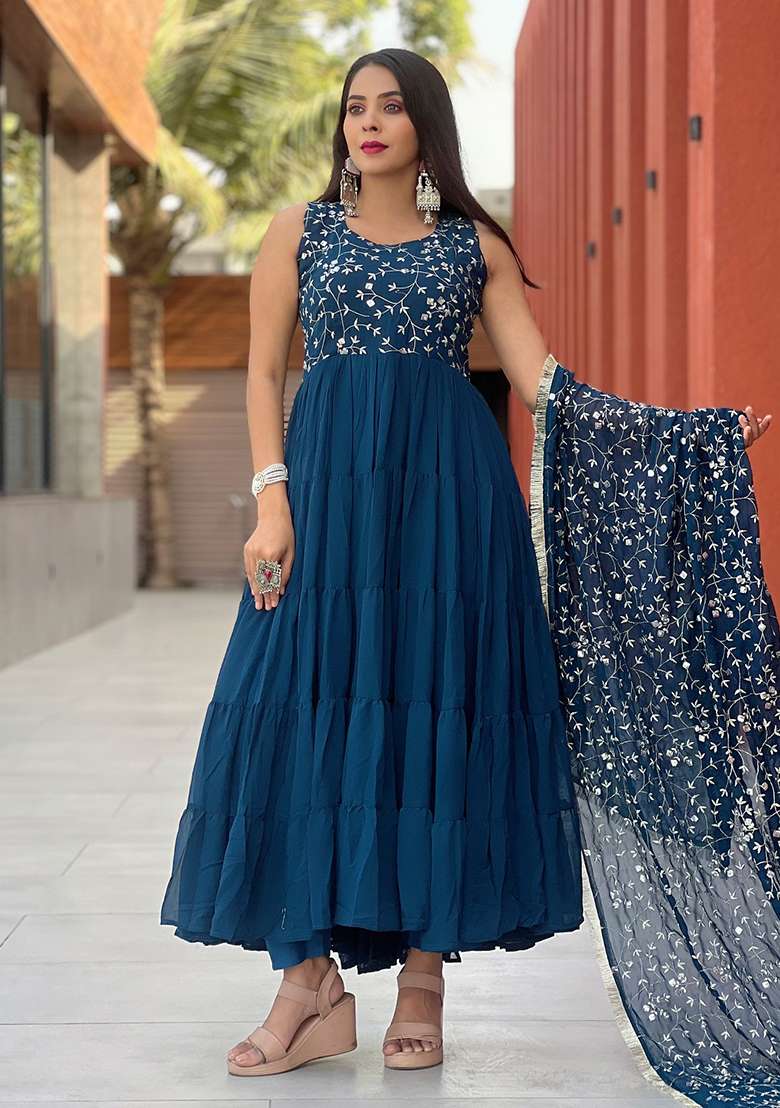 Rama Blue Embroidered Georgette Anarkali Set - Indya