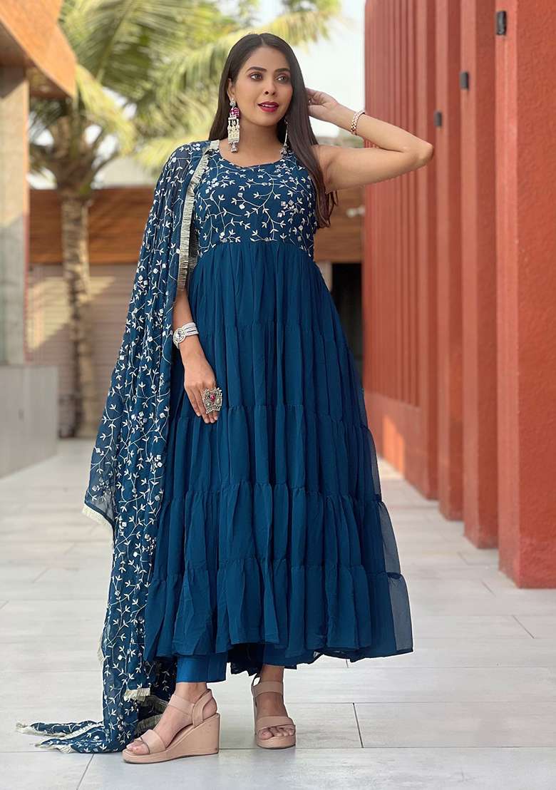 Rama Blue Embroidered Georgette Anarkali Set - Indya
