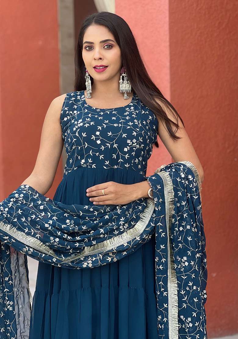Rama Blue Embroidered Georgette Anarkali Set - Indya