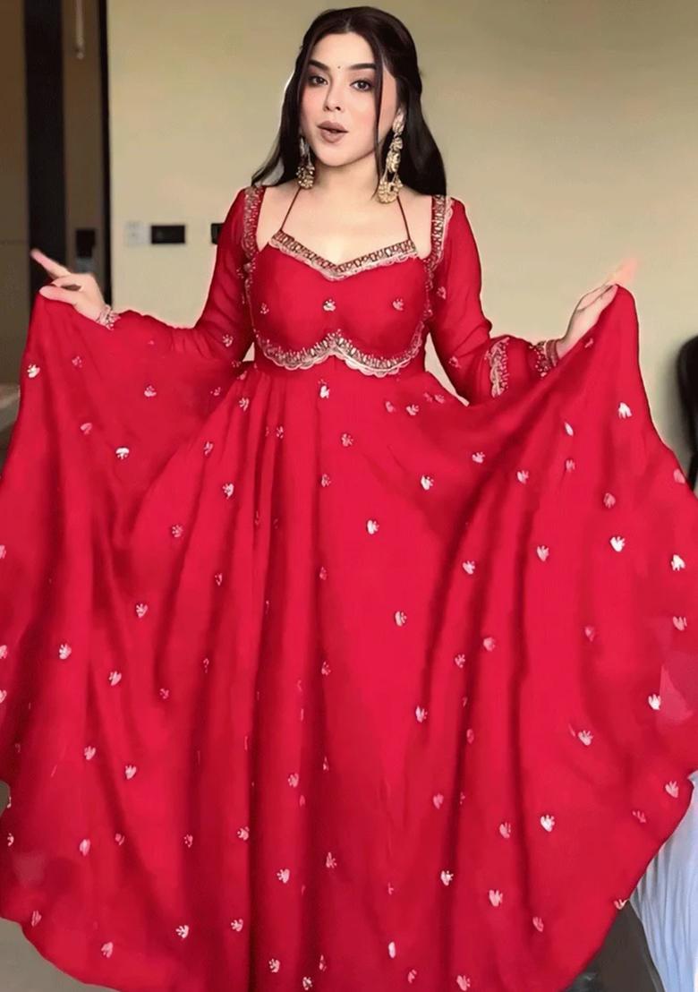 Red Embroidery Georgette Kurta Set - Indya