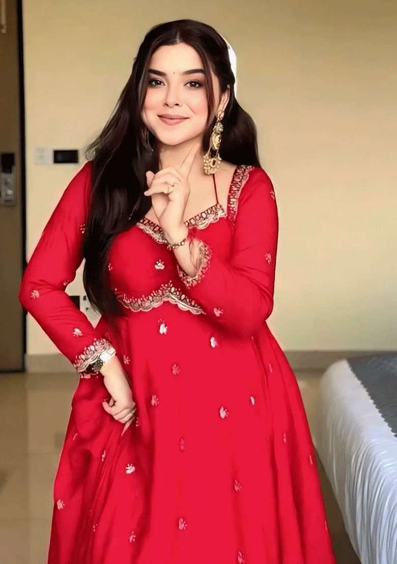 Red Embroidered Georgette Anarkali Set - Indya