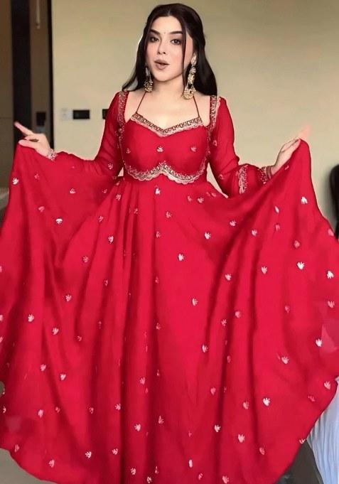 Red Embroidery Georgette Kurta Set