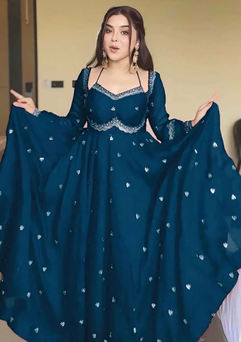 Rama Blue Embroidered Georgette Anarkali Set - Indya
