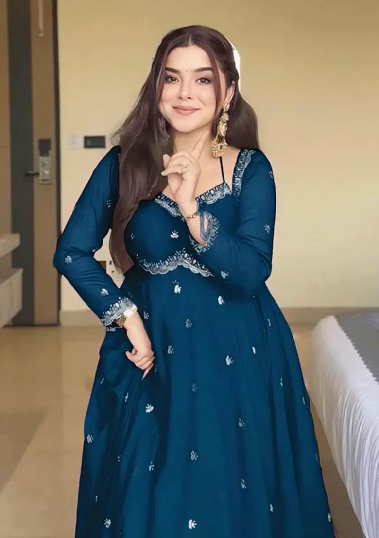 Rama Blue Embroidery Georgette Kurta Set - Indya