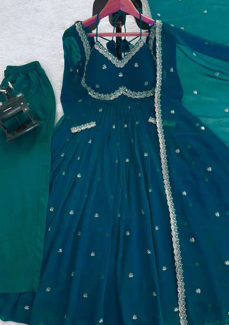 Rama Blue Embroidered Georgette Anarkali Set - Indya