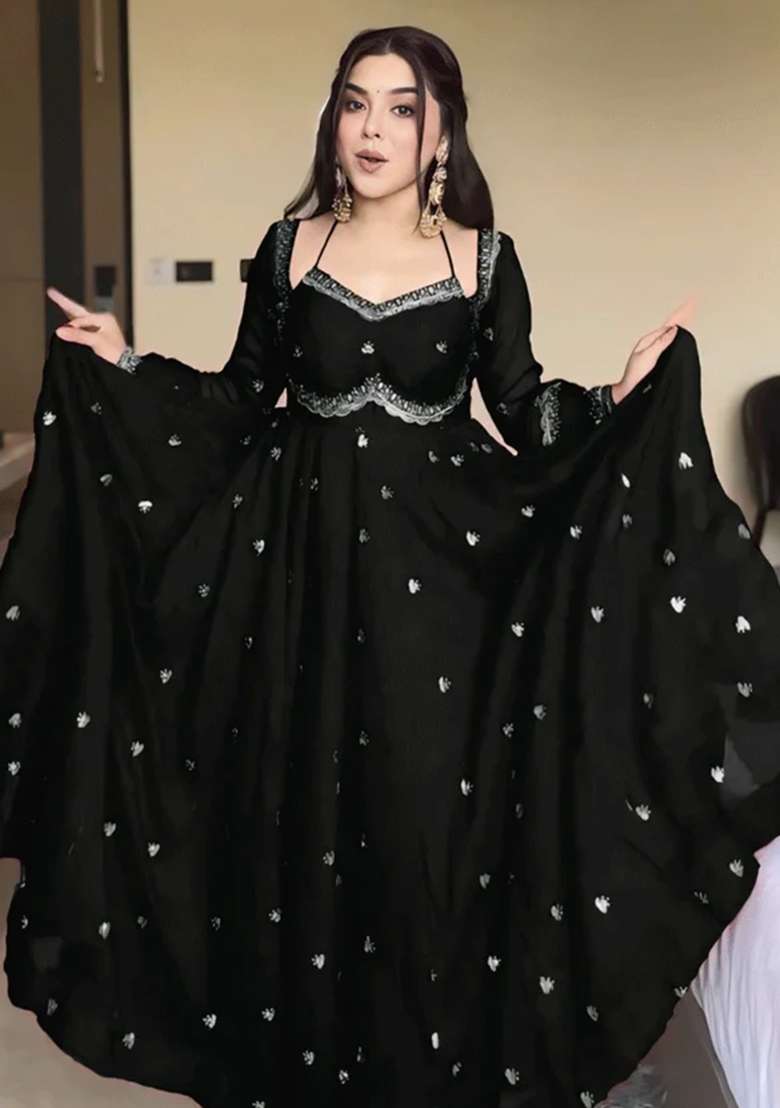 Black Embroidered Georgette Anarkali Set - Indya