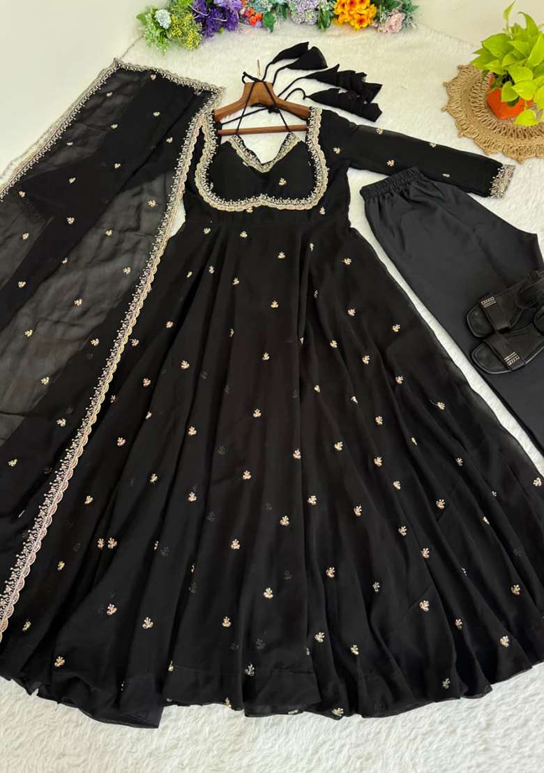 Black Embroidered Georgette Anarkali Set - Indya