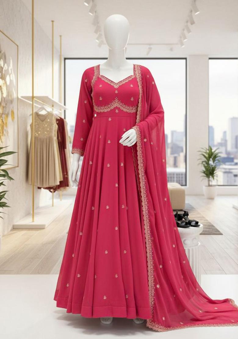 Gajri Pink Embroidery Georgette Kurta Set - Indya